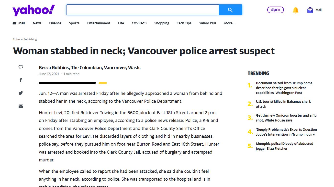 Woman stabbed in neck; Vancouver police arrest suspect - Yahoo!